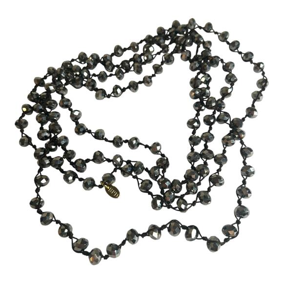 Gunmetal Gray Metallic Glass Faceted Rondelle Beads Long Beaded Necklace - Picture 2 of 5